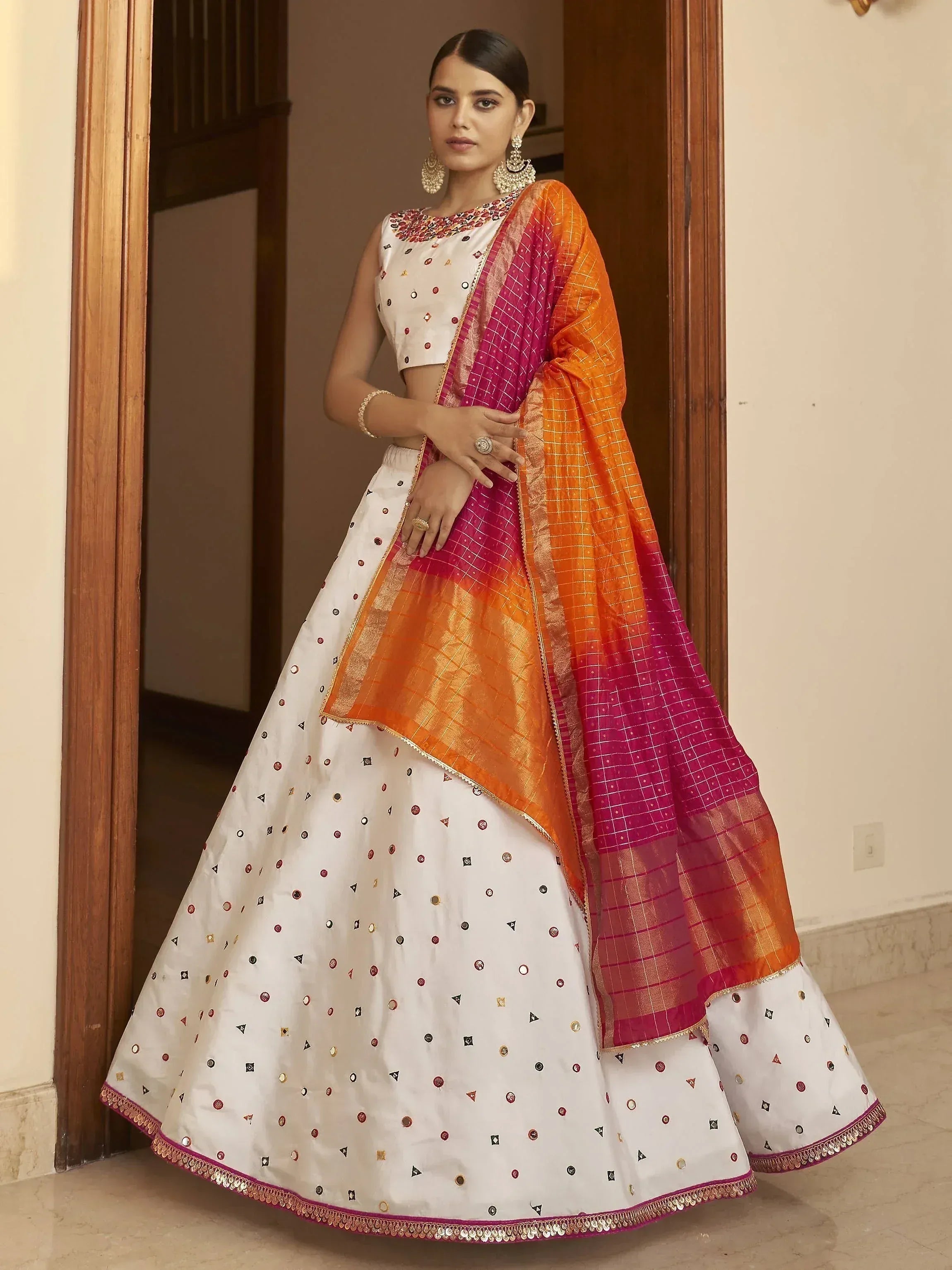 White lehenga choli with mirror work and pink-orange dupatta, Indian ethnic wear