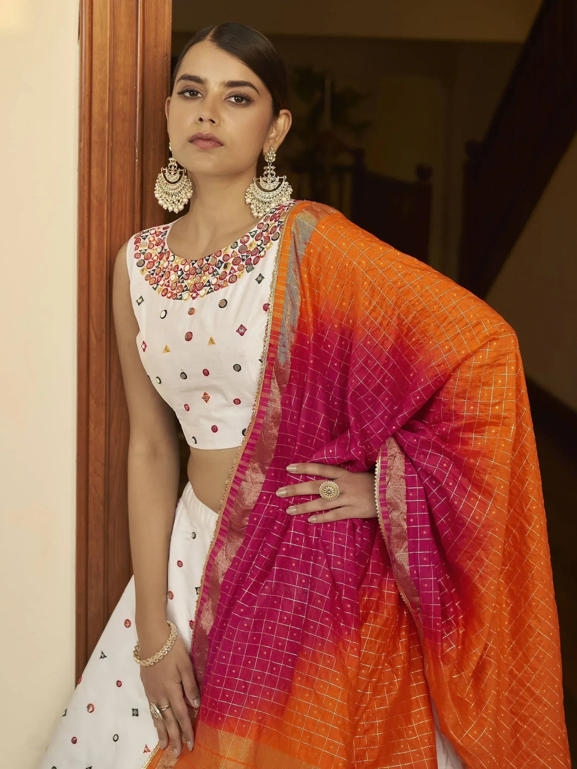 White embroidered crop top with orange pink ombre dupatta, Indian ethnic wear