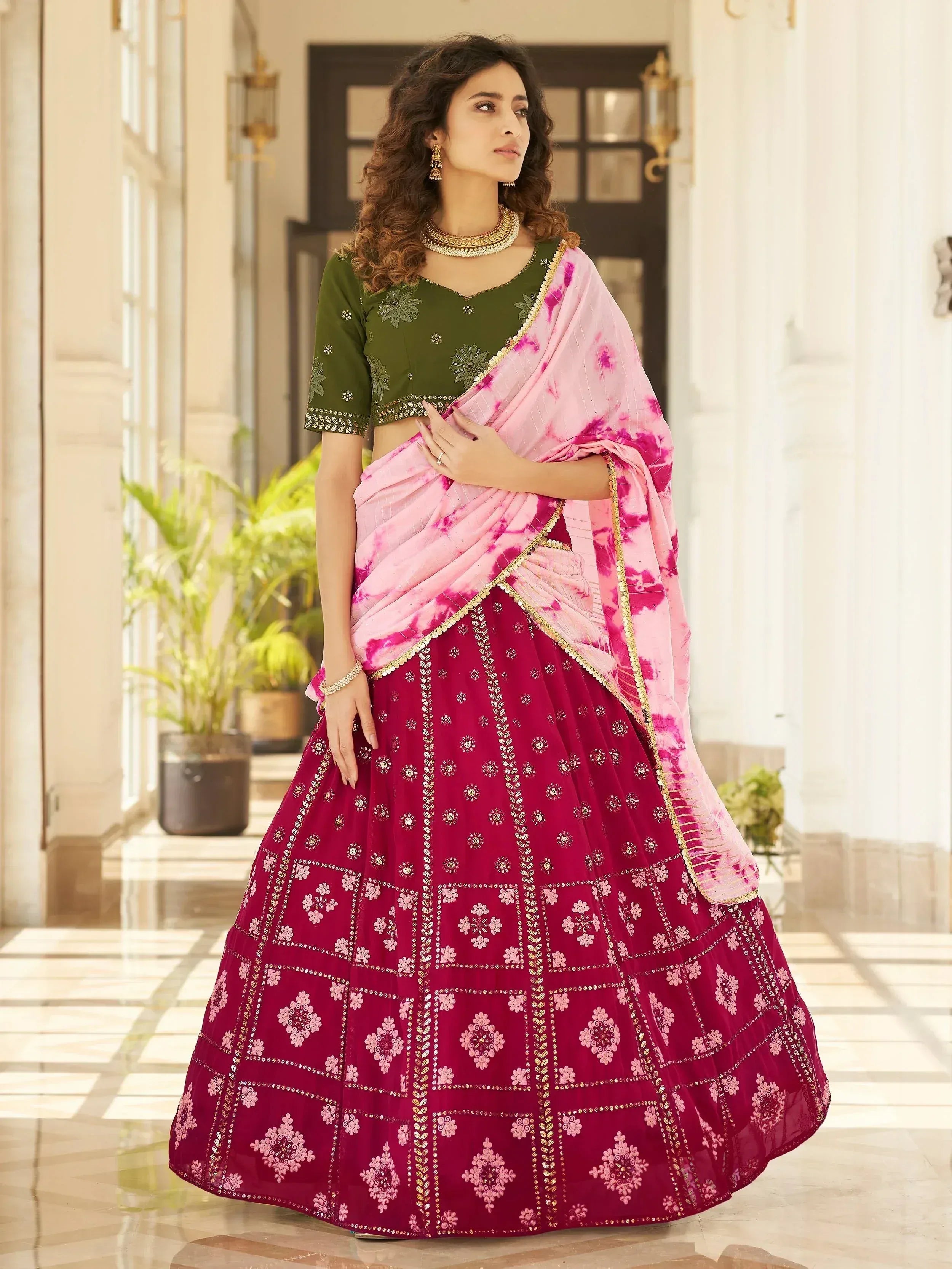 Pink and green embroidered lehenga choli with tie-dye dupatta, Indian ethnic wear