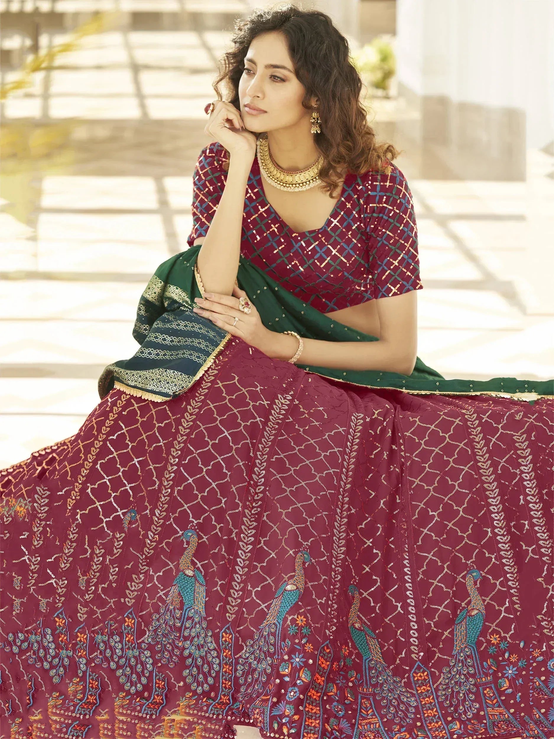 Desirable Deep Pink Thread Sequins Georgette Designer Lehenga Choli