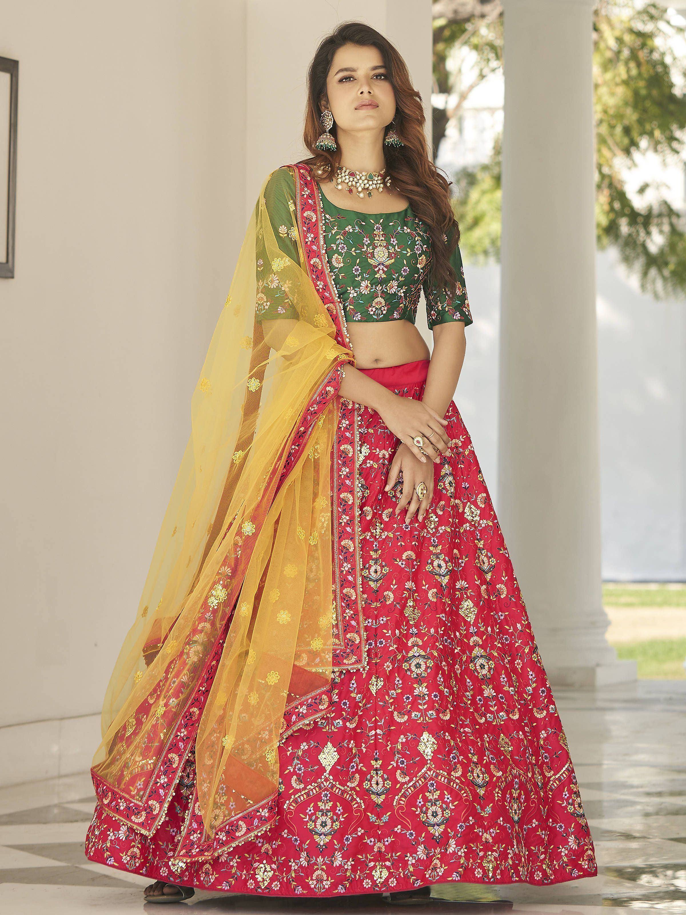 Red and green embroidered lehenga choli with yellow dupatta, Indian ethnic wear for women