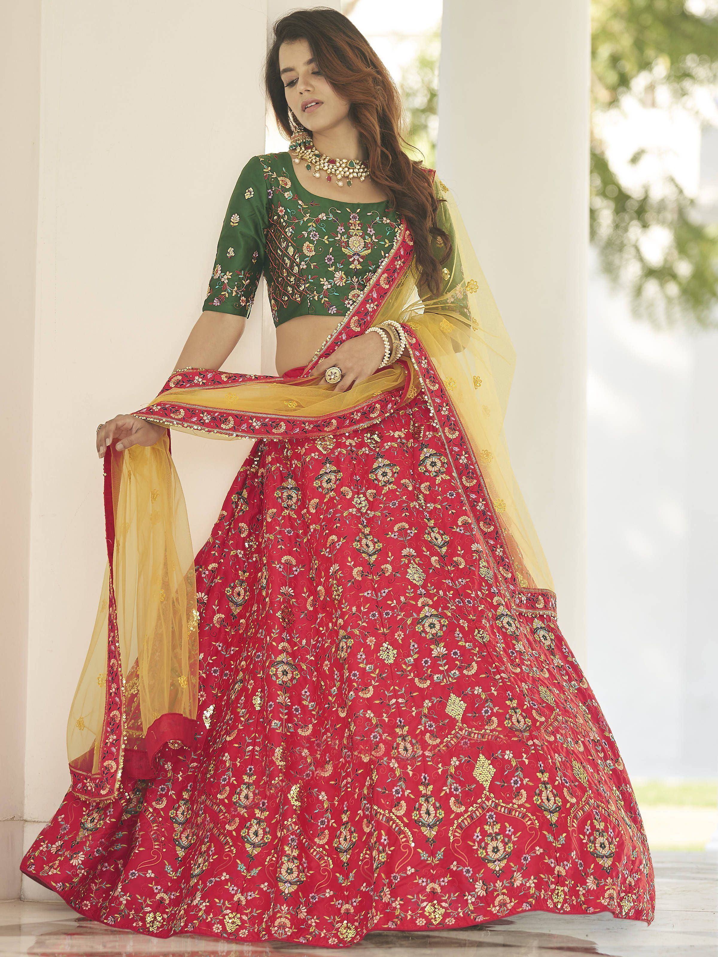 Red floral lehenga choli with green embroidered blouse and yellow dupatta, Indian ethnic wear