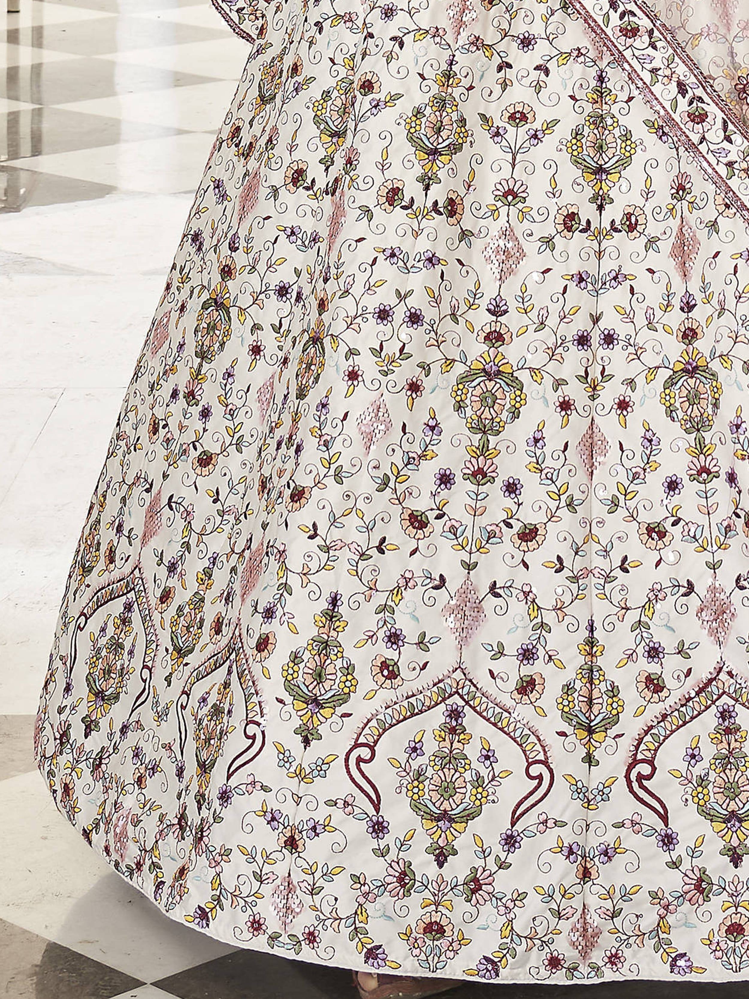 Fascinating White Embroidered Silk Party Wear Lehenga Choli