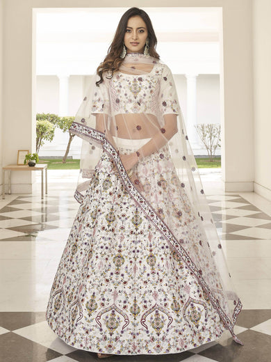 Fascinating White Embroidered Silk Party Wear Lehenga Choli