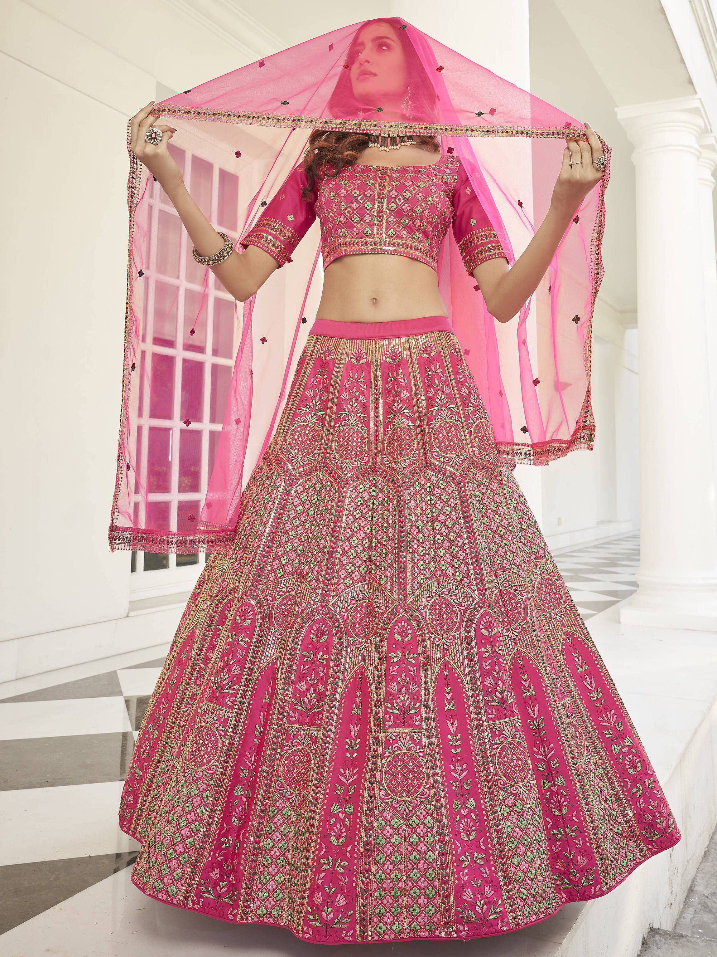 Pink embroidered lehenga choli with dupatta, Indian ethnic wear for weddings and festivals
