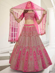 Tremendous Pink Thread Embroidered Silk Bridal Lehenga Choli