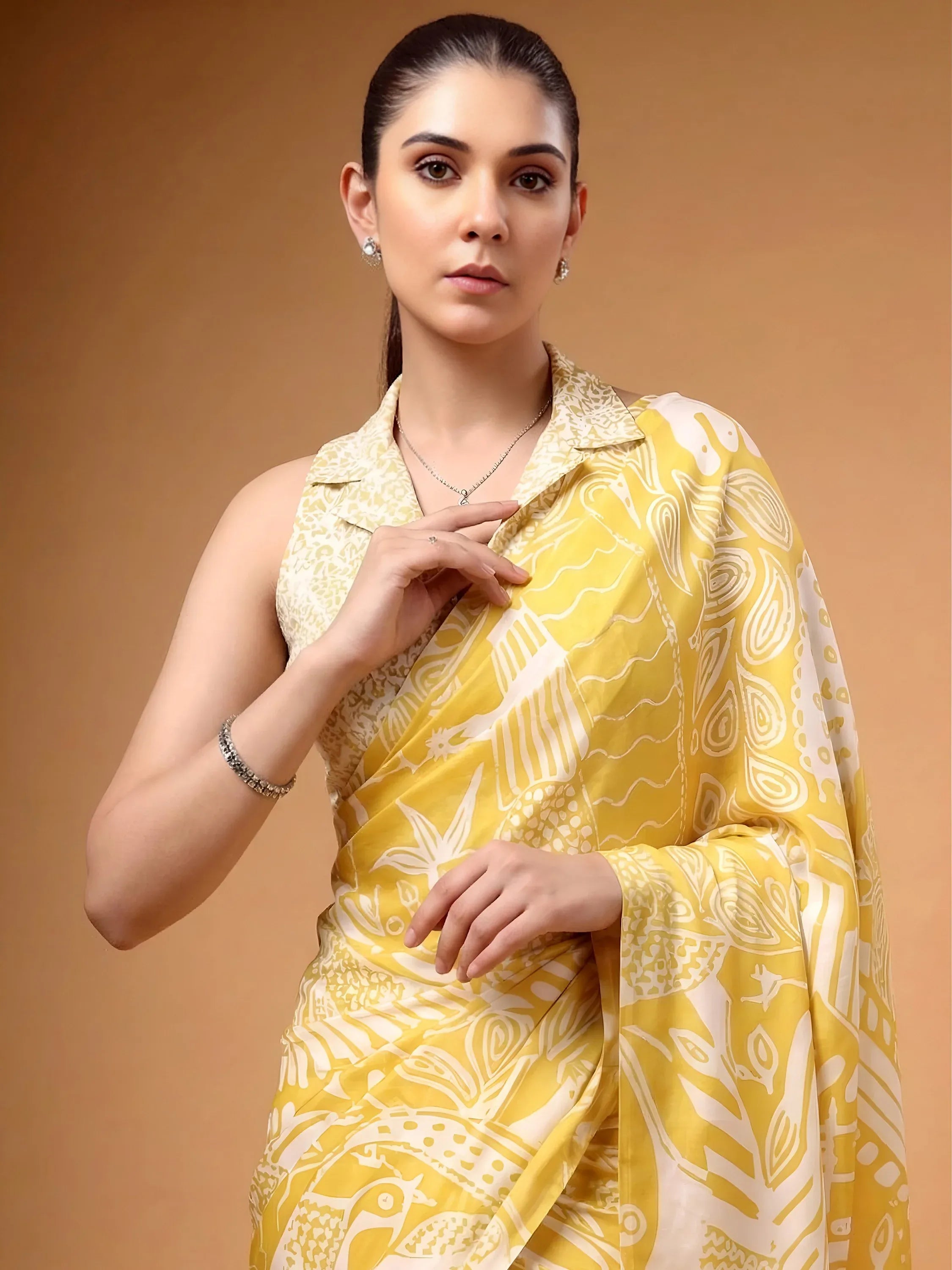 Enchanting Yellow Printed Satin Haldi Wear Saree With Blouse
