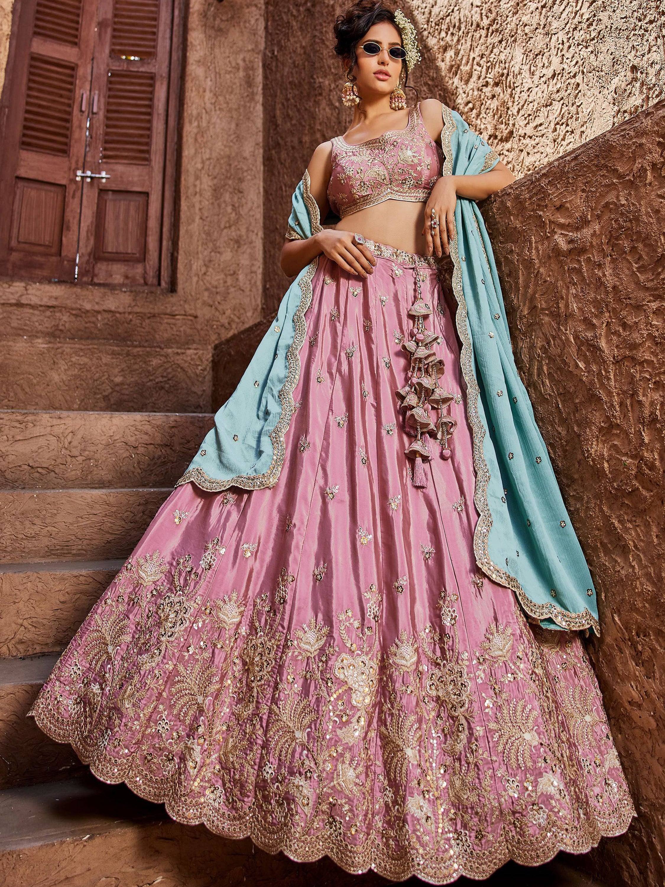 Noteworthy Pastel Pink Sequins Silk Wedding Wear Lehenga Choli
