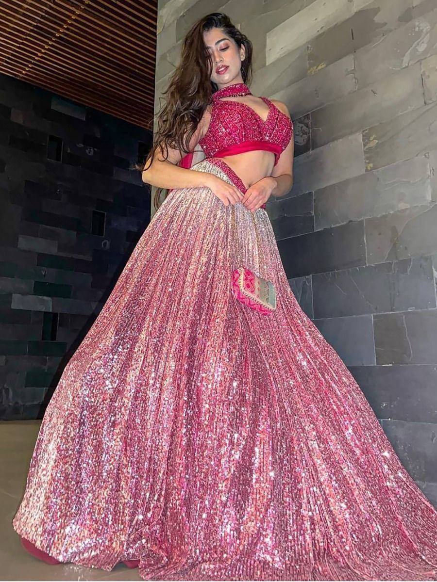 Sparkling pink lehenga choli with sequin work, perfect for Indian weddings and festive occasions