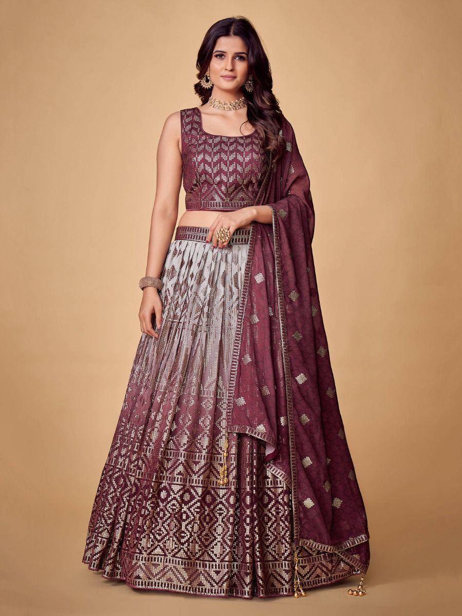 Maroon and silver embroidered lehenga choli with matching dupatta, perfect for Indian ethnic occasions