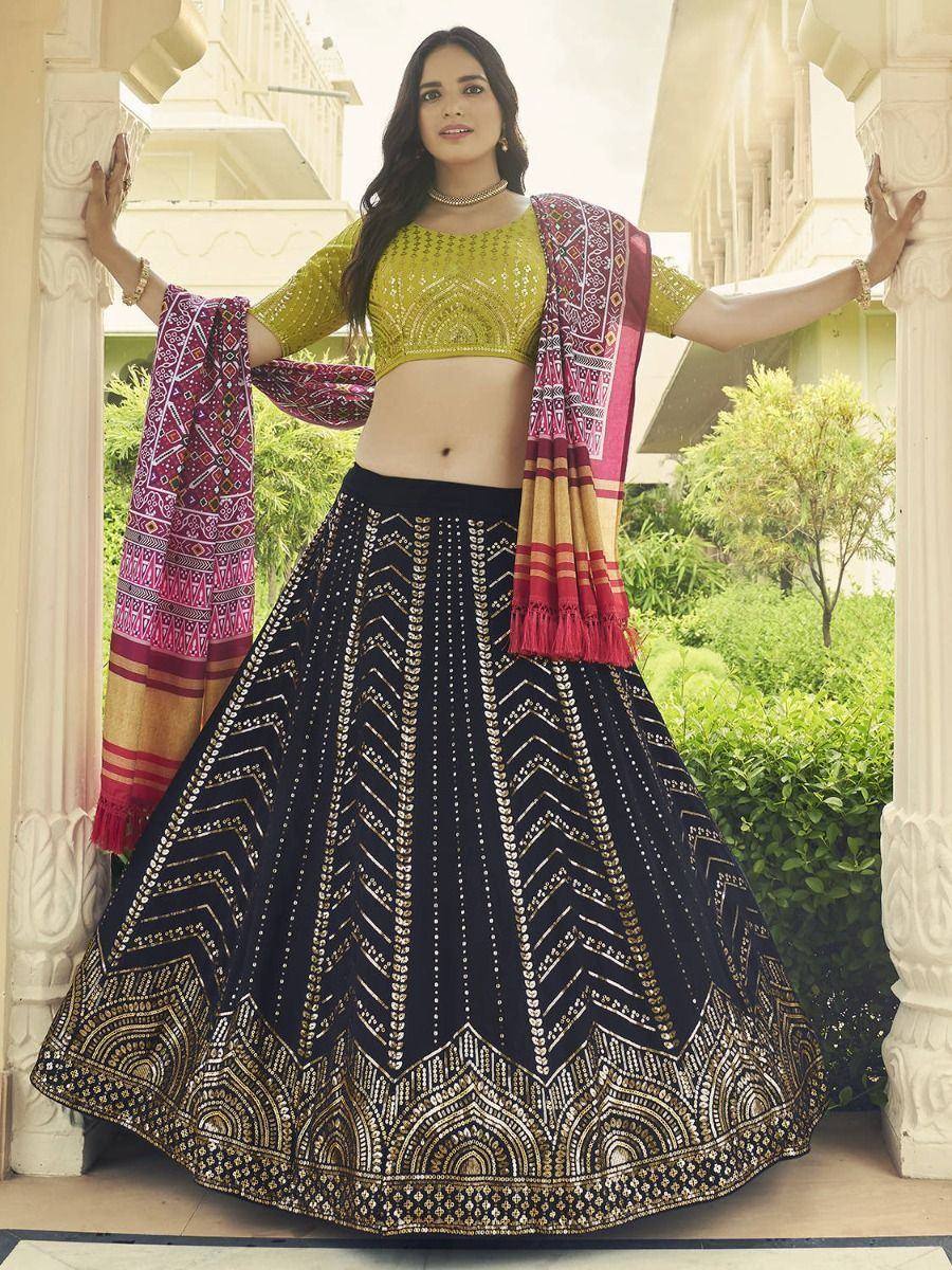 Black and gold embroidered lehenga choli with pink dupatta, Indian ethnic wear for women