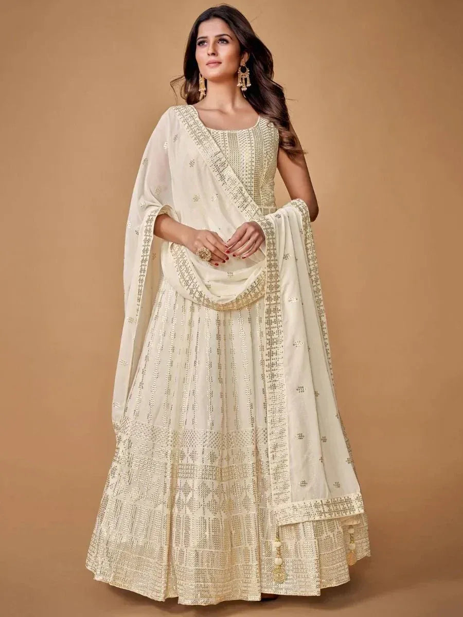 Cream embroidered lehenga choli with dupatta, Indian ethnic wear for weddings and parties