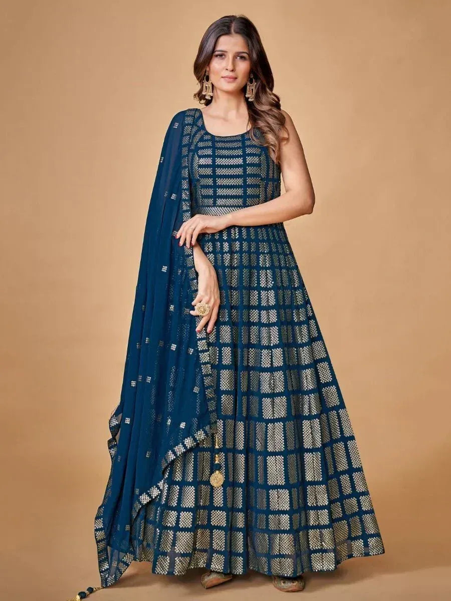 Blue and gold patterned ethnic gown with matching dupatta, perfect for Indian occasions