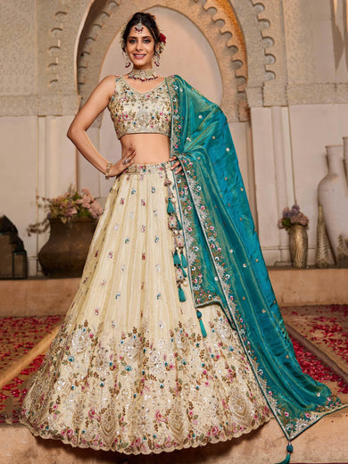 Alluring Cream Tissue Sequins Work Engagement Wear Lehenga Choli