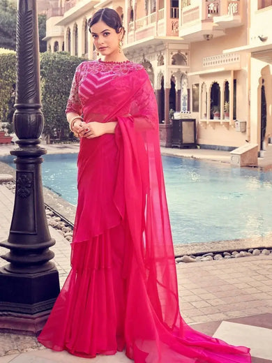Ravishing Pink Sequins Orangza Party Wear Ruffle Saree With Blouse