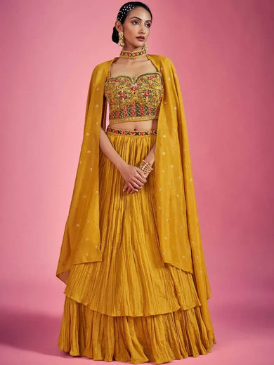 Classy Mustard Yellow Mirror Work Marriage Wear Lehenga Choli