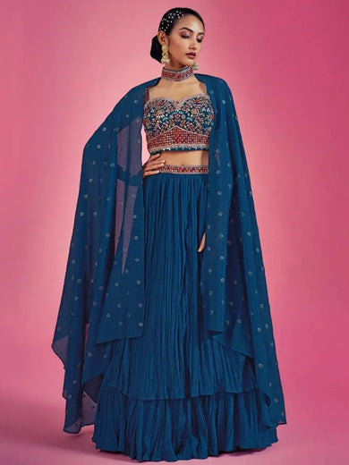 Charming Navy-Blue Thread Embroidered Bridesmaid Lehenga choli