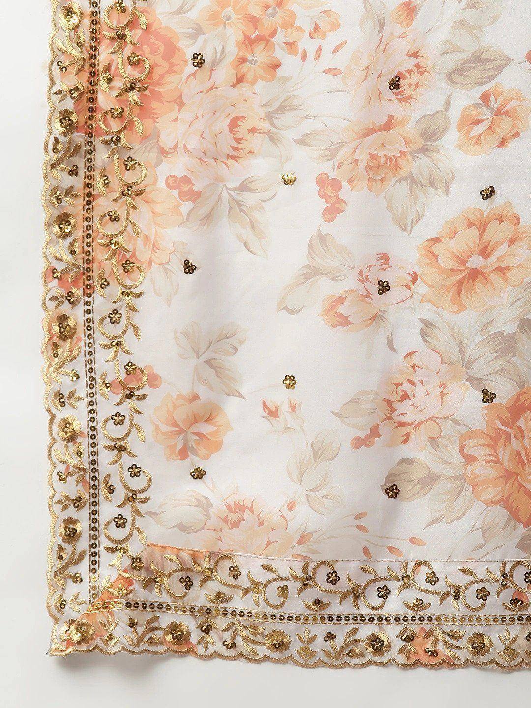 Floral printed ethnic dupatta with gold embroidery and sequin detailing for Indian wear