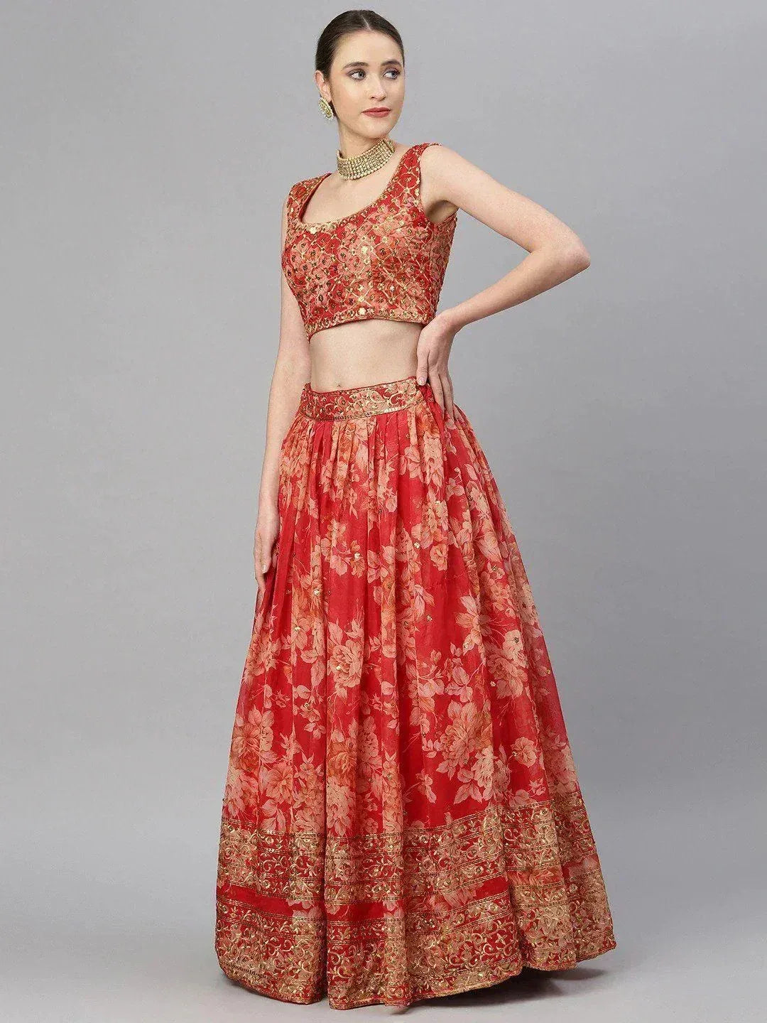 Red floral lehenga choli with gold embroidery, ethnic Indian wear for women