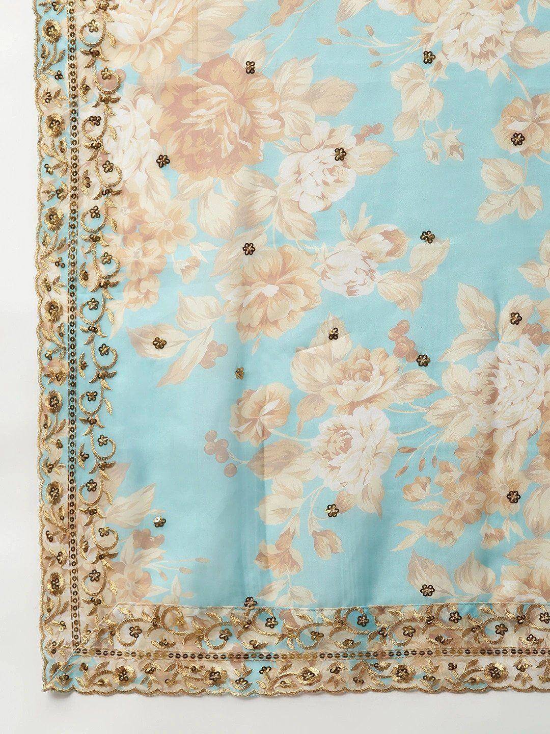 Light blue floral dupatta with gold embroidery and sequins, perfect for ethnic wear