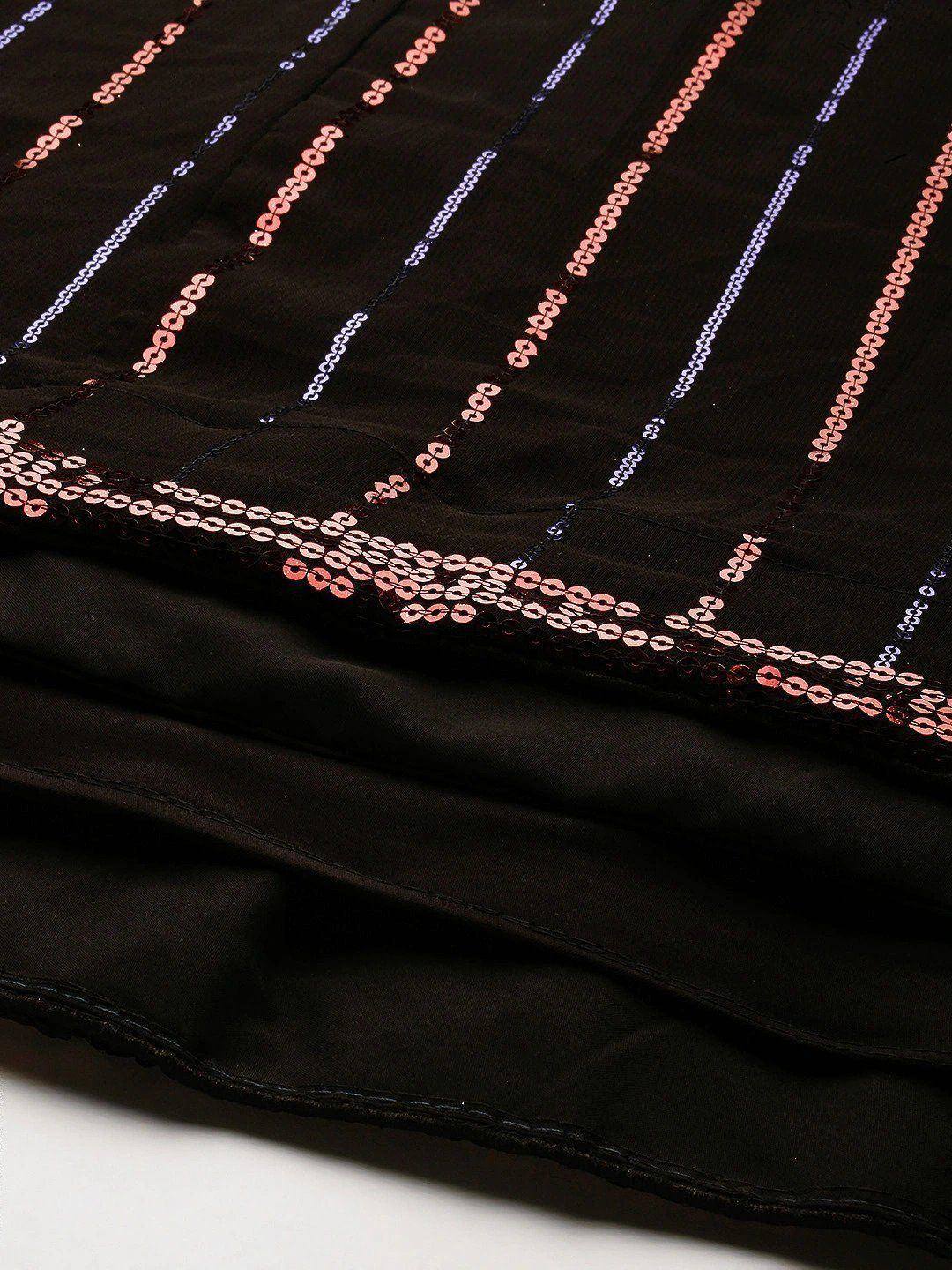 Black ethnic gown with rose gold and silver sequin stripes, perfect for festive occasions