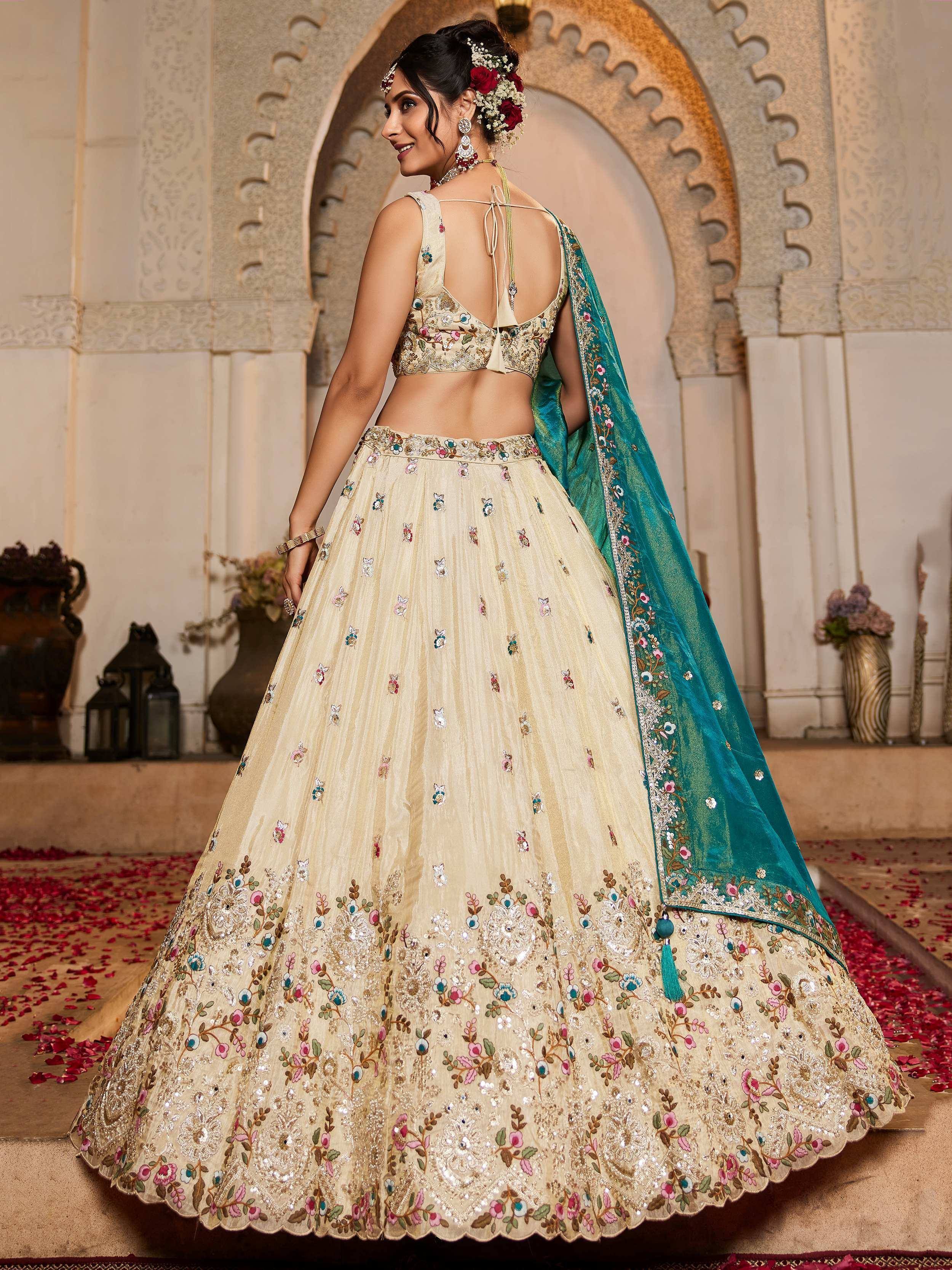 Cream floral embroidered lehenga choli with teal dupatta, Indian ethnic wear for weddings