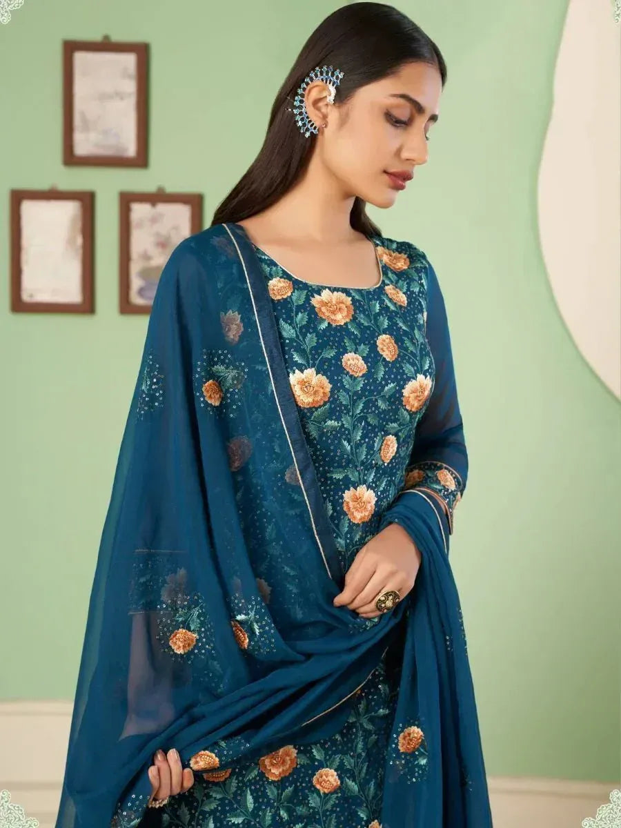 Teal floral embroidered salwar kameez with matching dupatta, Indian ethnic wear for women