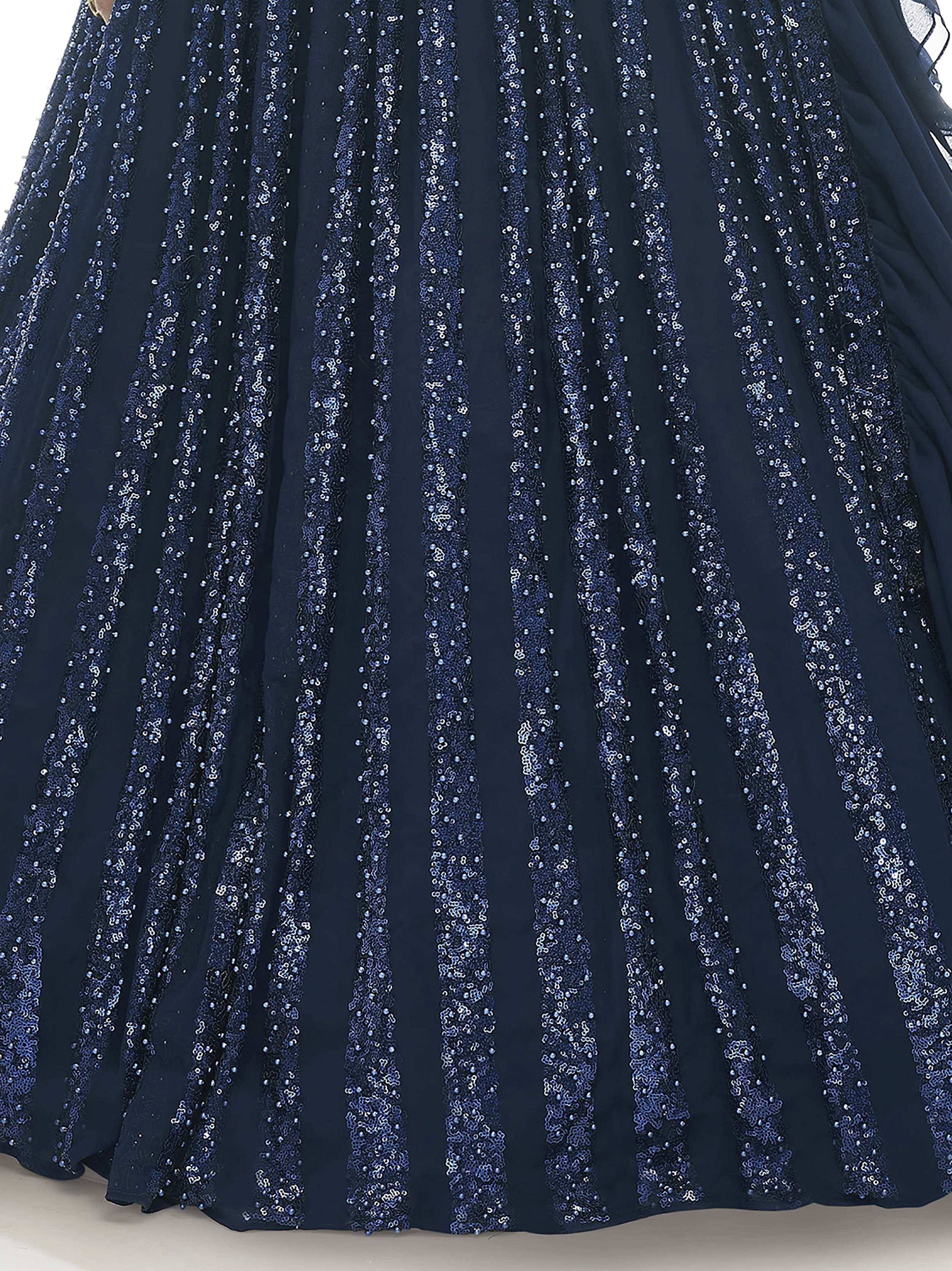 Navy blue ethnic gown with sequin stripes, perfect for Indian festive occasions and weddings