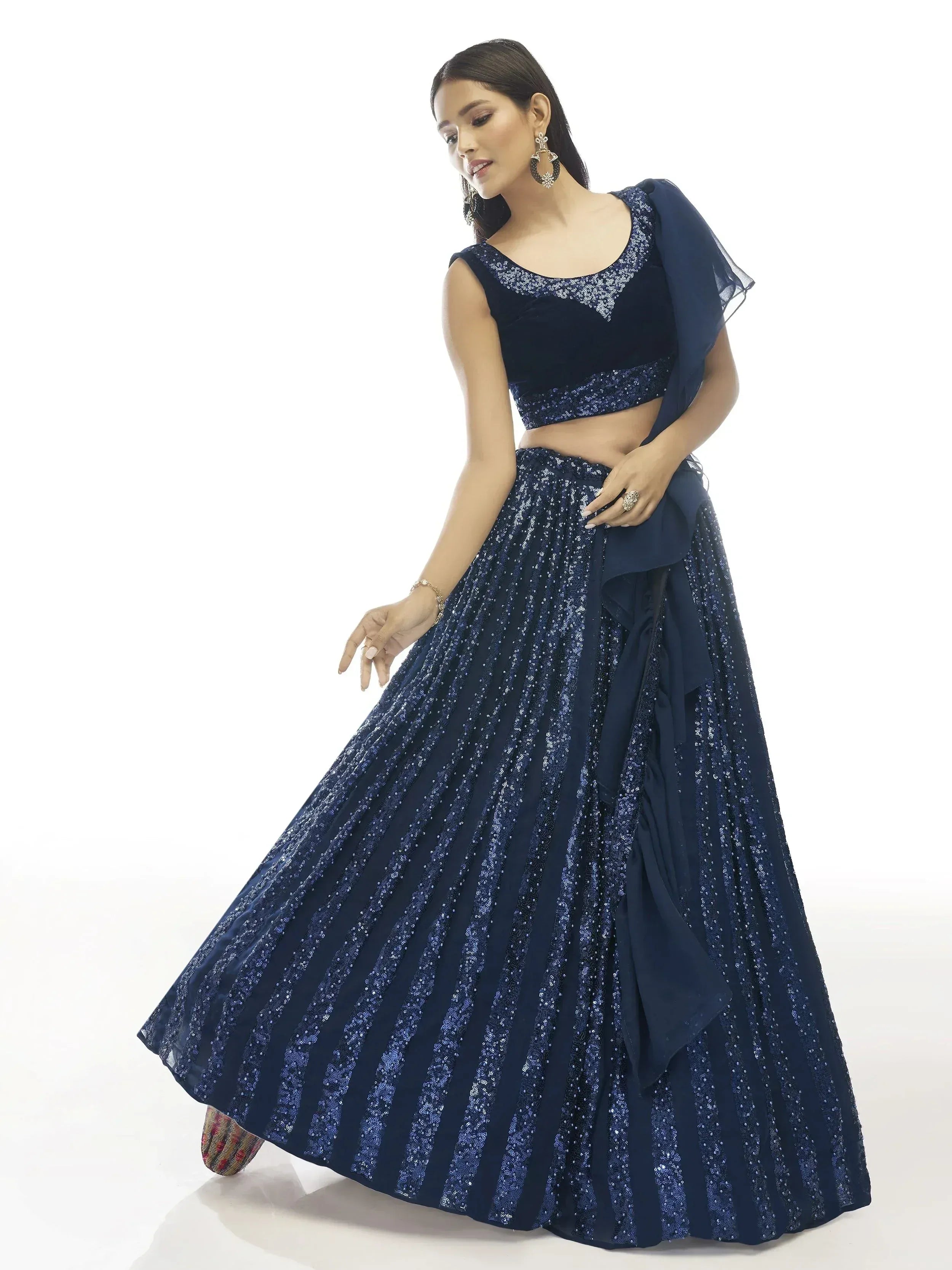 Navy blue sequin lehenga choli with velvet blouse and sheer dupatta, Indian ethnic wear