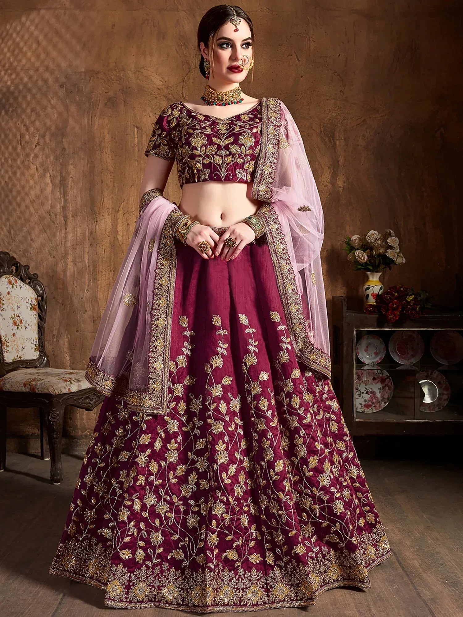 Awesome Maroon Embroidered Silk Wedding Wear Plus Size Lehenga Choli