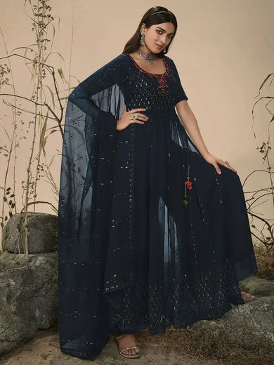 Kicky Teal Blue Embroidered Georgette Party Wear Palazzo Suit