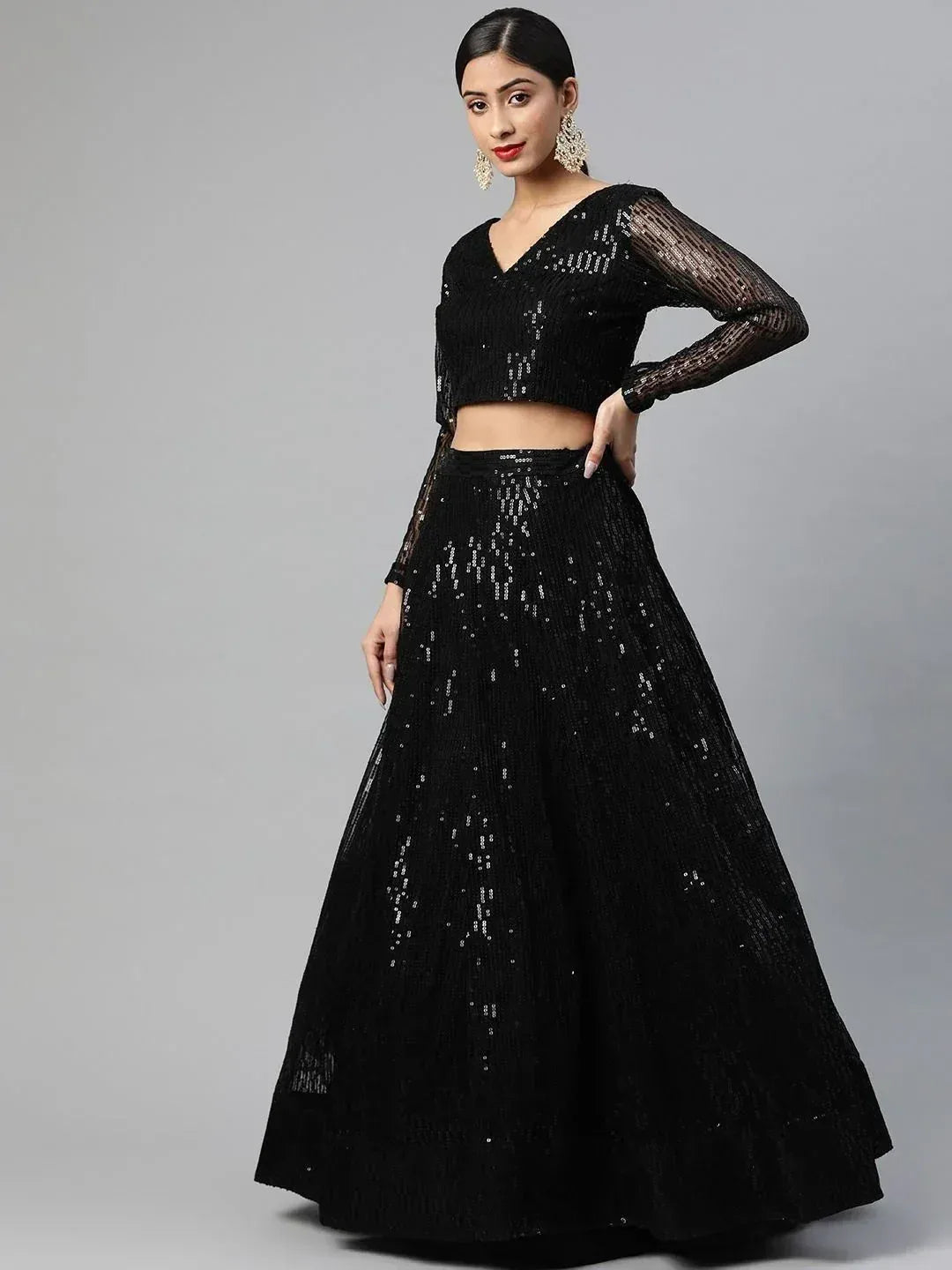 Black sequin lehenga choli with sheer sleeves, ethnic wear for women