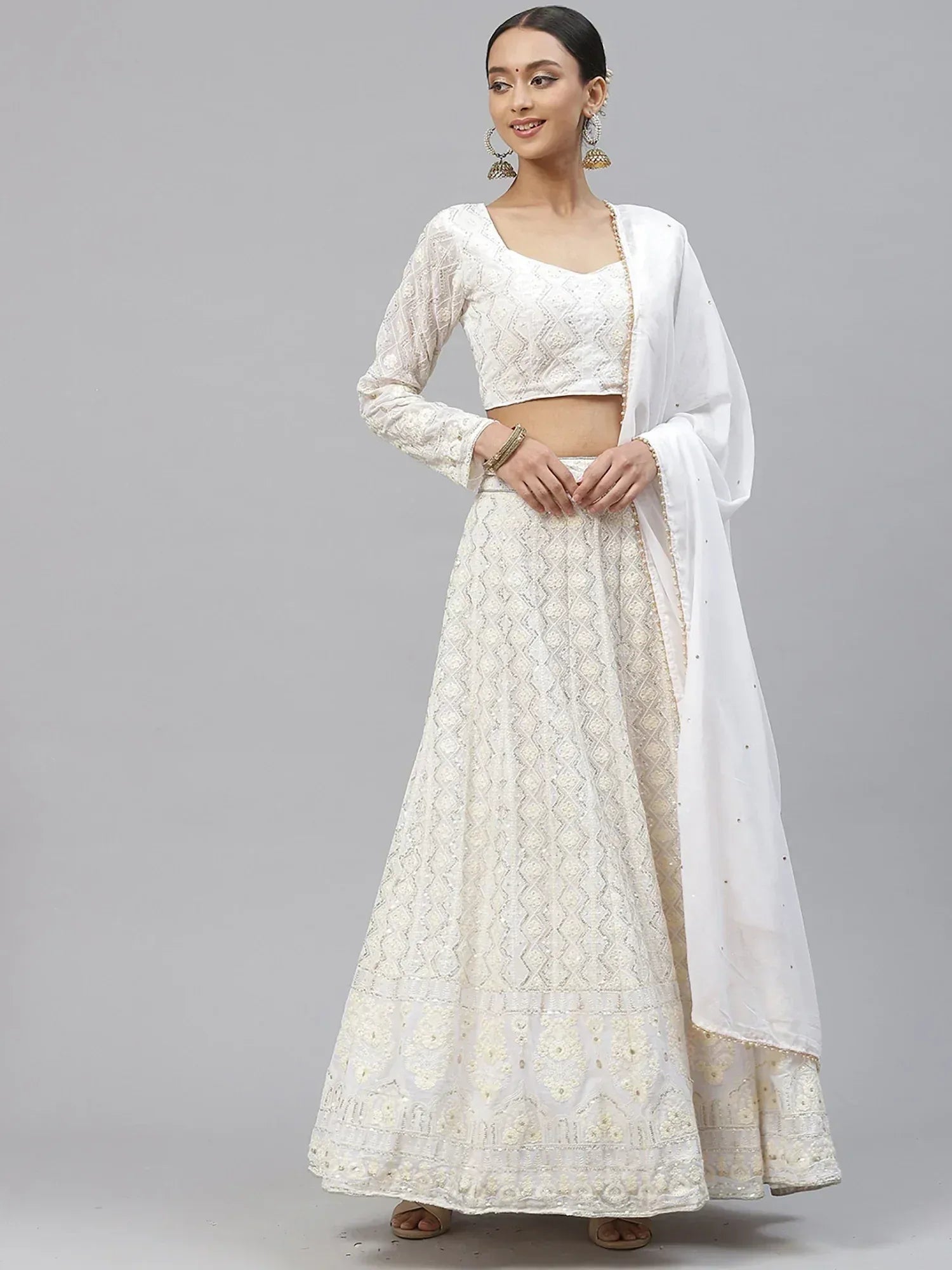 White embroidered lehenga choli with sheer dupatta, Indian ethnic wear for women
