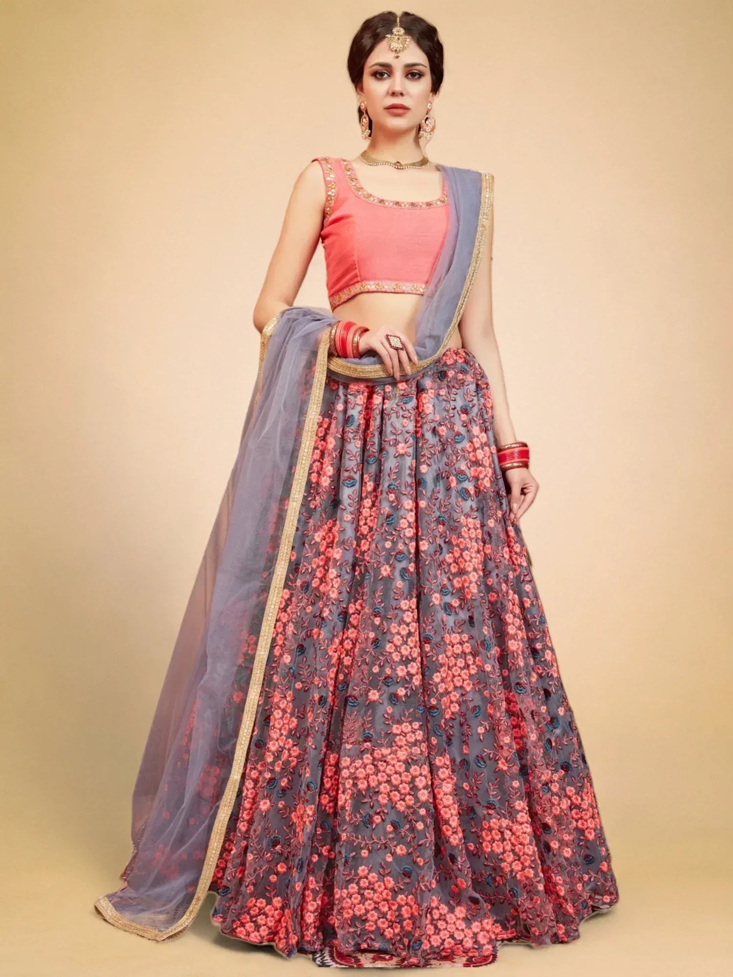 Grey floral lehenga choli with pink blouse and gold trim, Indian ethnic wear for weddings