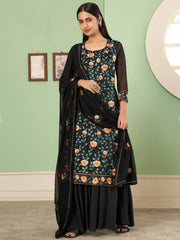 Woman in black floral embroidered ethnic salwar kameez with dupatta, Ethnic Plus fashion