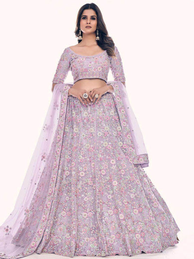Attractive Lavender Embroidered Soft Net Lehenga Choli