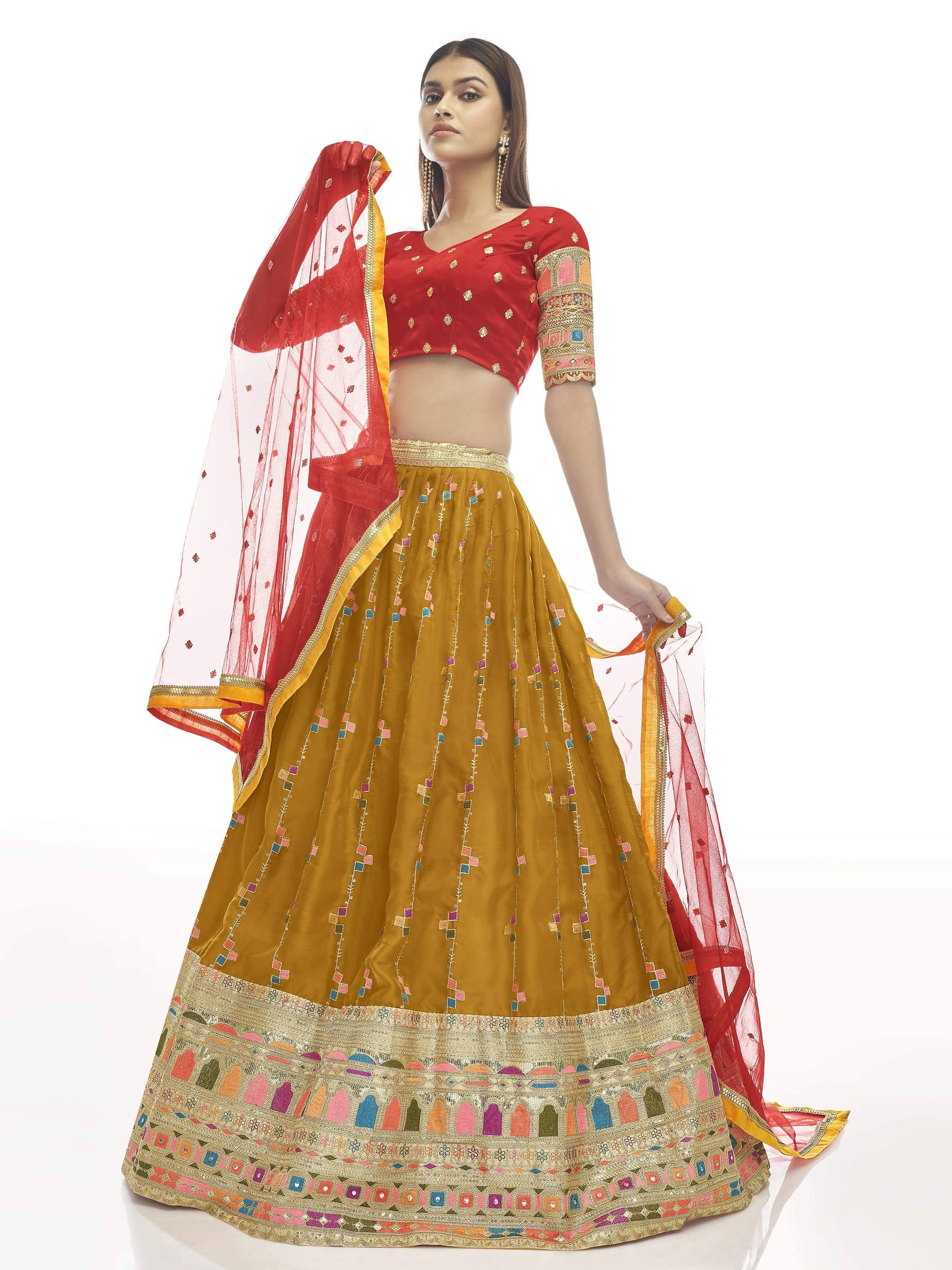 Red and mustard yellow embroidered lehenga choli with colorful dupatta, Indian ethnic wear