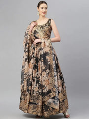 Black & Beige Embellished Sequinned Semi-Stitched Lehenga & Unstitched Blouse