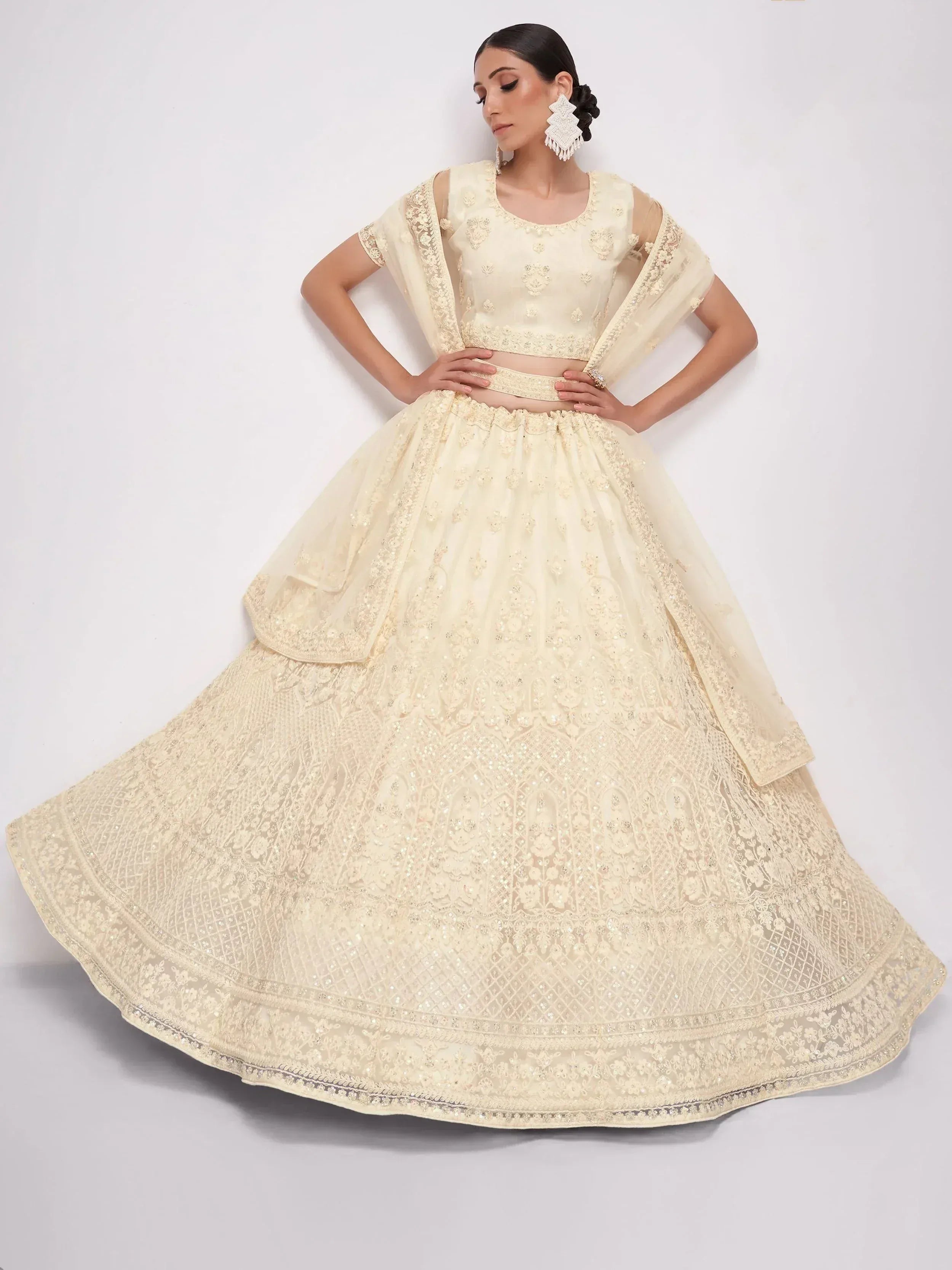 Cream embroidered lehenga choli with dupatta, Indian ethnic wear for weddings and parties