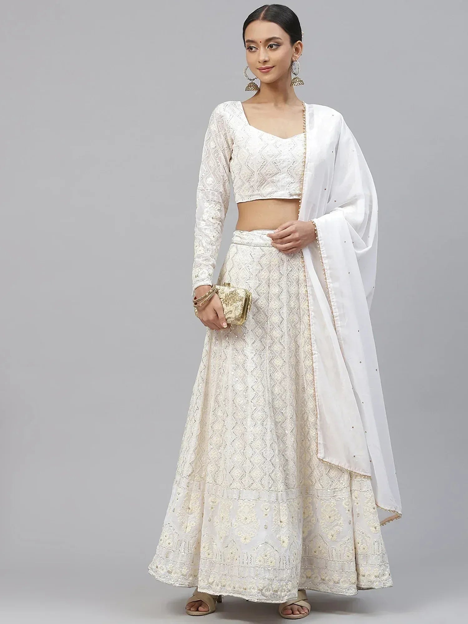 White embroidered lehenga choli with dupatta, Indian ethnic wear for weddings and parties