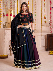 Stunning Black Cotton Thread Embroidered Lehenga Choli With Dupatta