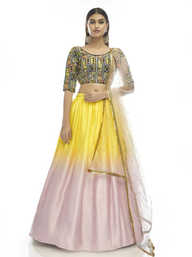 Shaded Pink And Yellow Georgette Lehenga With Embroidered Choli