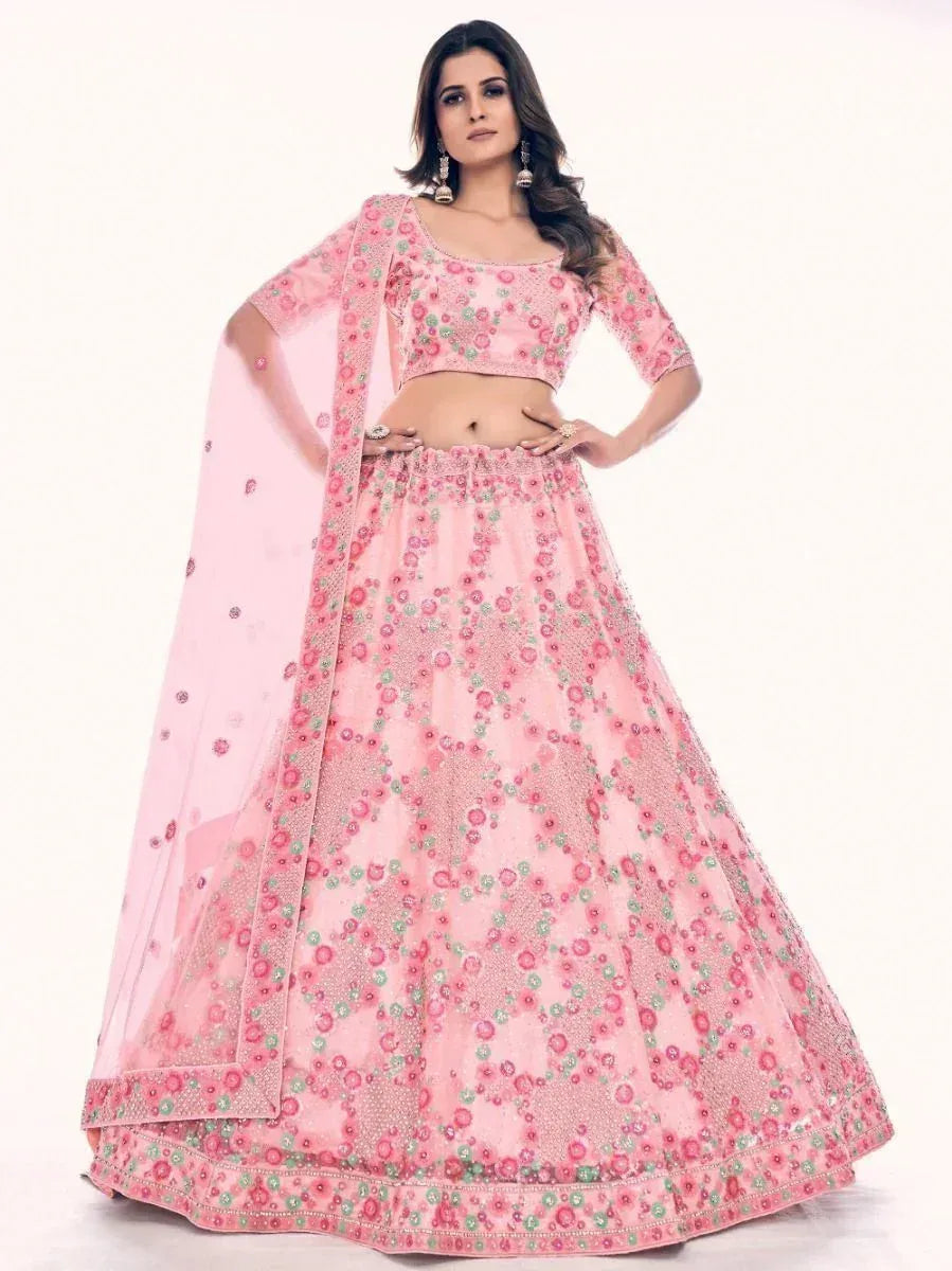 Pink floral embroidered lehenga choli with matching dupatta, perfect for Indian ethnic wear occasions