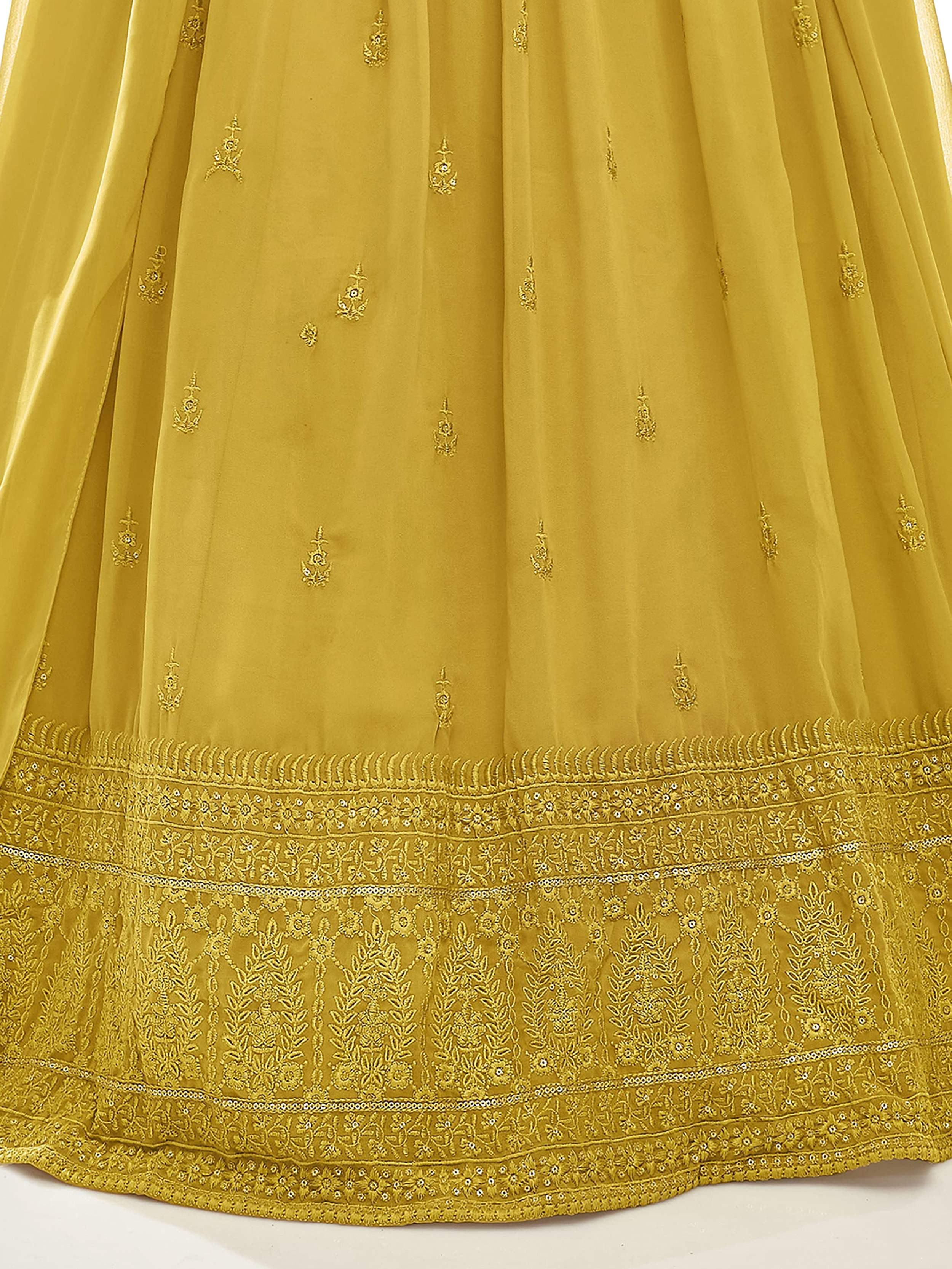 Pleasant Mustard Yellow Embroidered Georgette Lehenga Choli