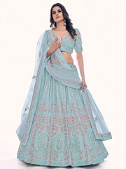 Marvelous Ocean Blue Embroidered Soft Net Lehenga Choli