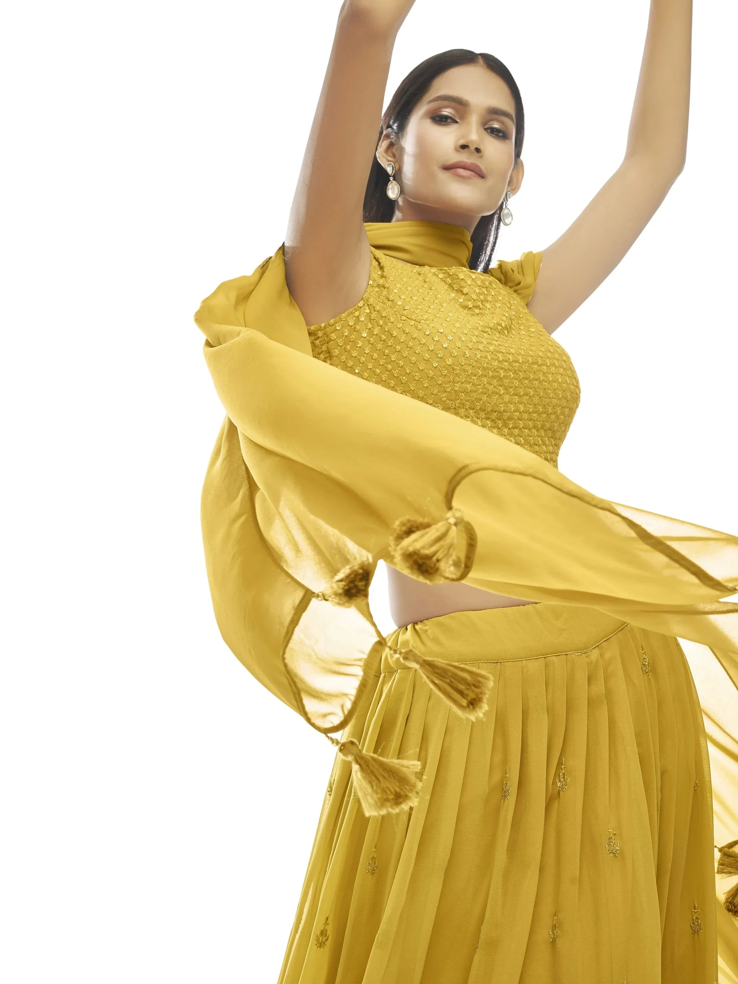 Pleasant Mustard Yellow Embroidered Georgette Lehenga Choli