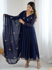 Tantalizing Navy Blue Georgette Embroidered Festive Anarkali Suit