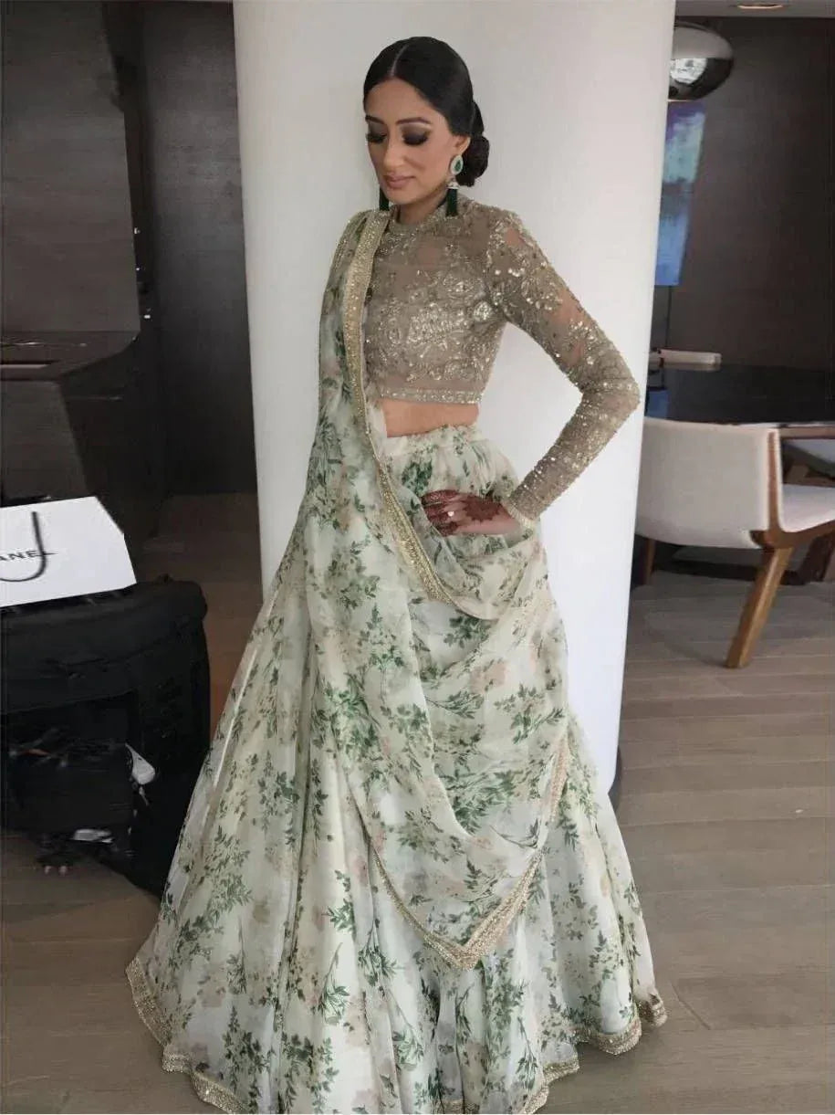 Floral print lehenga choli with sequin blouse, ethnic Indian wedding wear