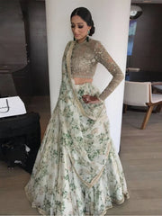 Sabyasachi White Floral Printed Organza Silk Bridal Lehenga Choli