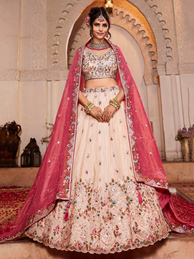 Amazing Cream Tissue Thread Embroidered Designer Lehenga Choli